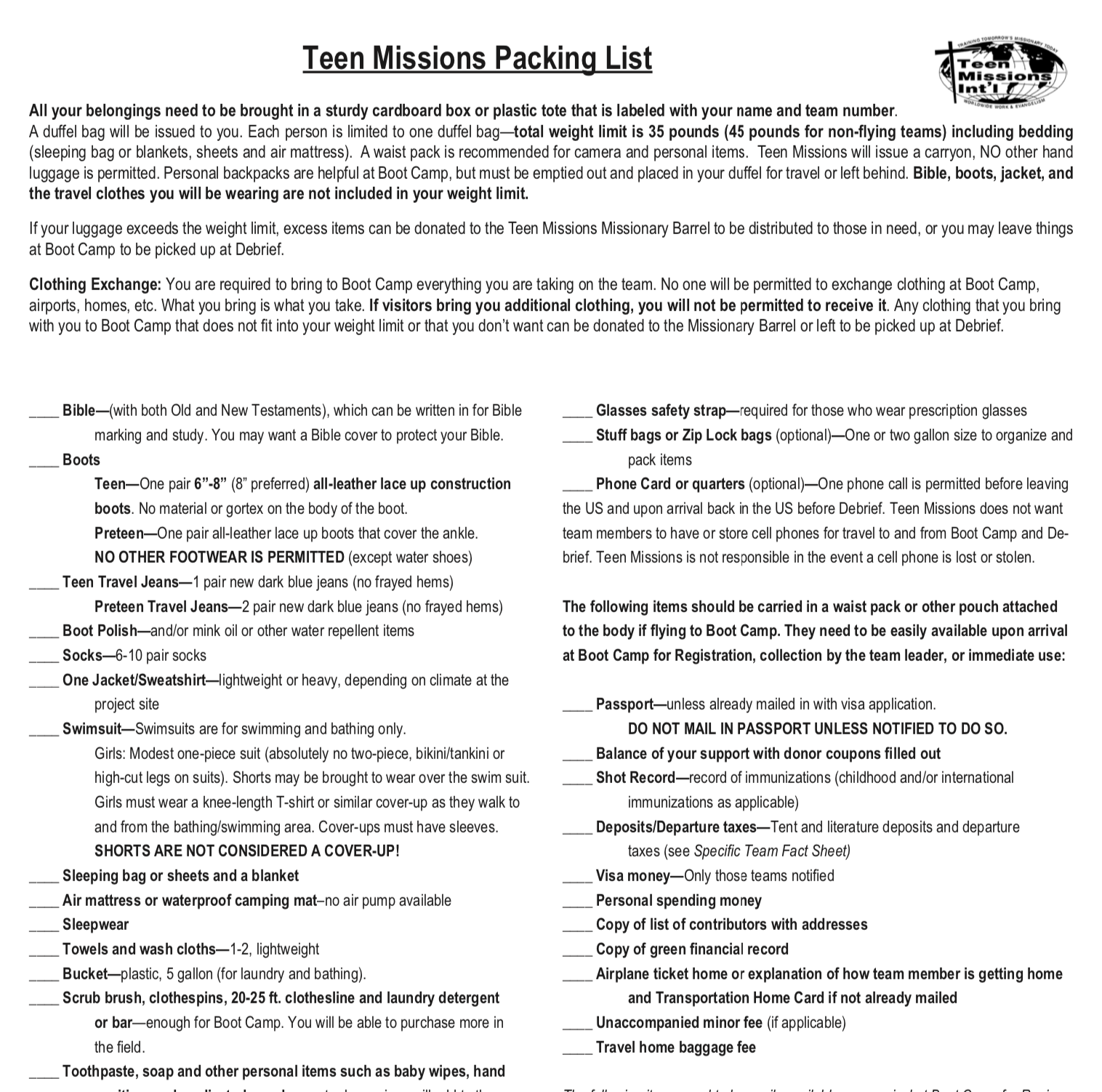 Missions Trip Packing List - Teen Missions